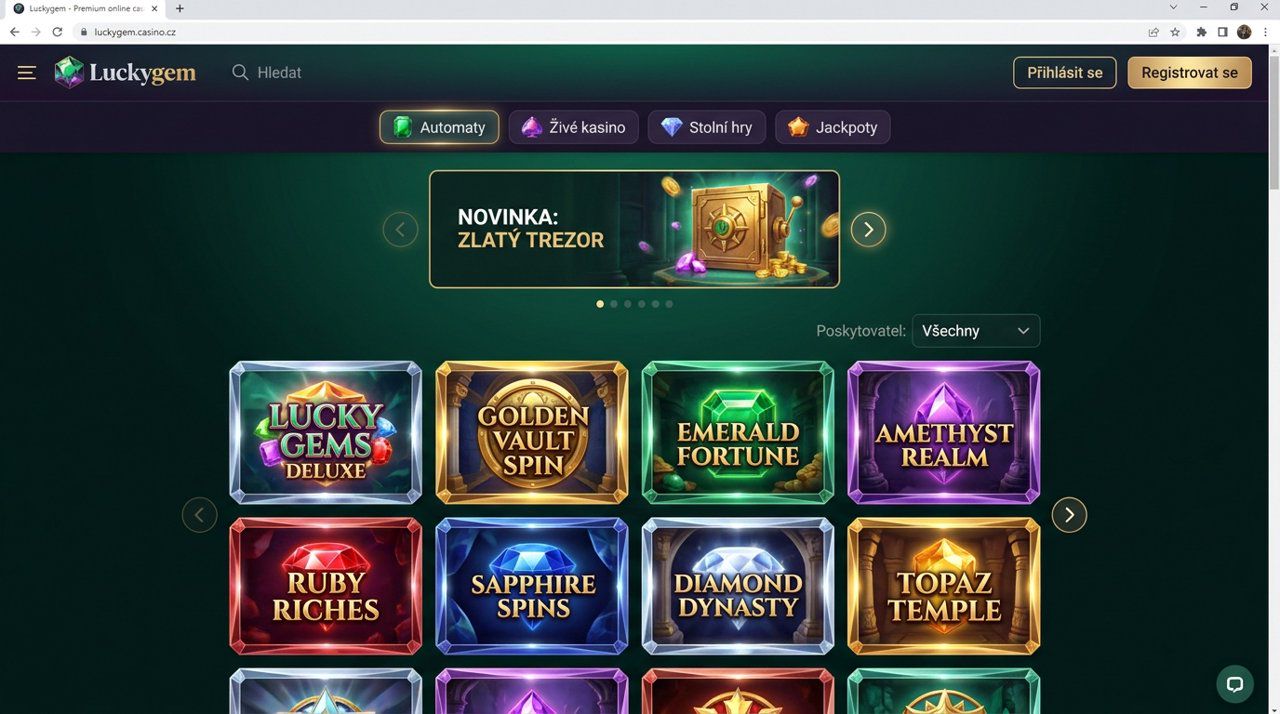 Úvodní stránka kasina Luckygem s nabídkou automatů a živého kasina