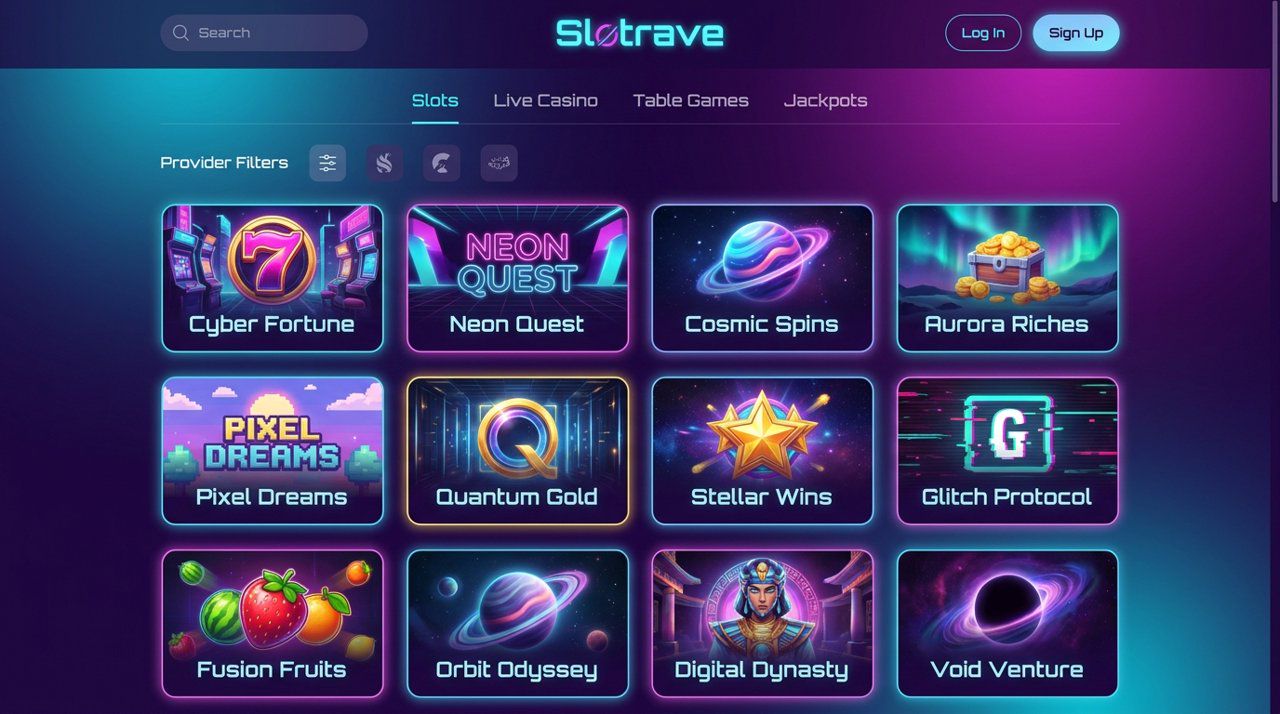 Úvodní stránka online casina Slotrave s kategoriemi her a nabídkou automatů