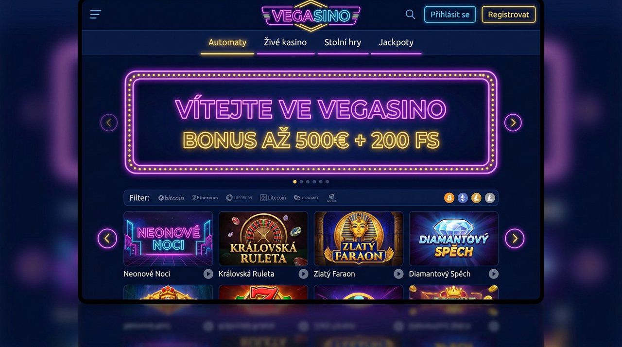 Úvodní stránka online casina Vegasino s nabídkou automatů a živého kasina