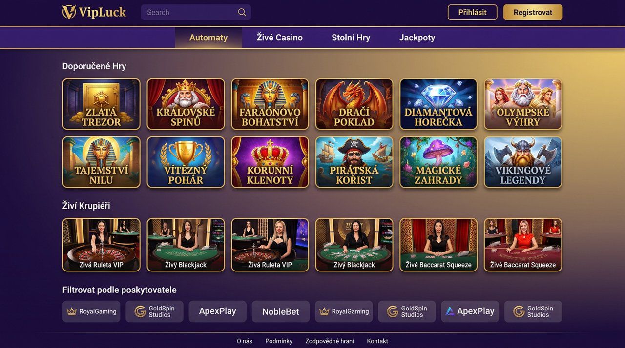 Úvodní stránka online casina VIPLuck s nabídkou automatů a živého kasina