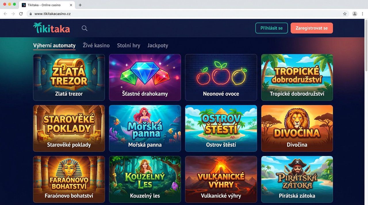 Úvodní stránka online casina Tikitaka s nabídkou automatů a živého kasina