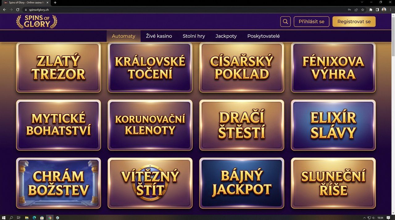 Domovská stránka online casina Spins of Glory s nabídkou automatů