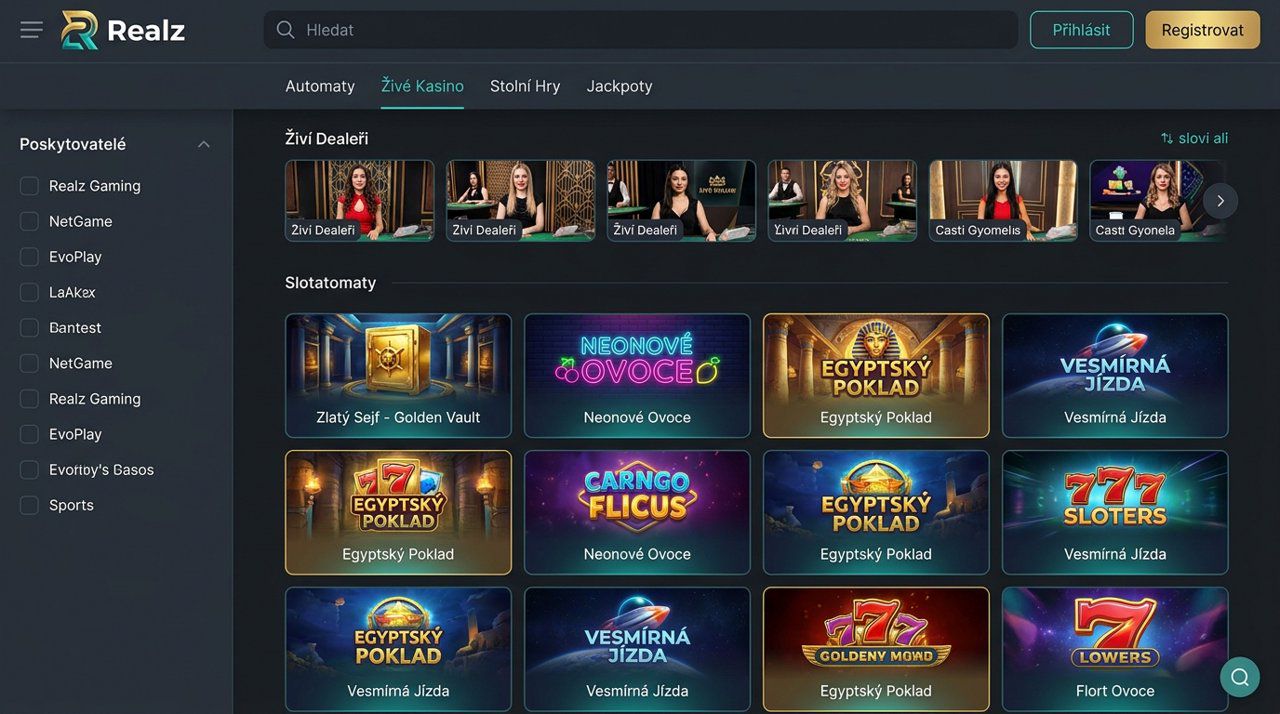 Úvodní stránka online casina Realz s nabídkou automatů, živého kasina a stolních her
